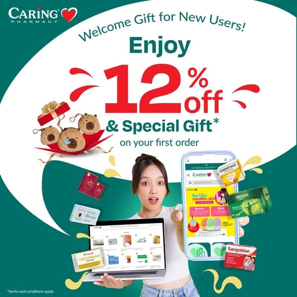 CARiNG Pharmacy: A warm welcome to all our new shoppers! 🌟 Enjoy 12% OFF your very first order and receive a FREE gift when you spend more at our online store! 🎁✨